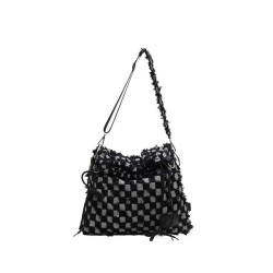 Large Capacity Canvas Tote Bag with Checkerboard Print, Casual Crossbody and Backpack in Two Styles